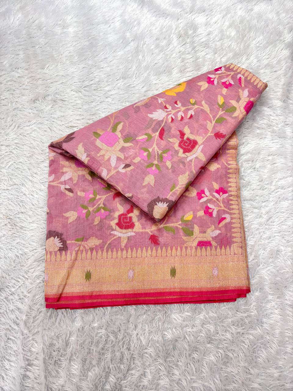 Onion Pink Linen Cotton Banarasi Jamdani Saree | All-Over Hand-Woven Floral Jangal Vines with Muted Sona Zari & Multicolored Resham Meenakari