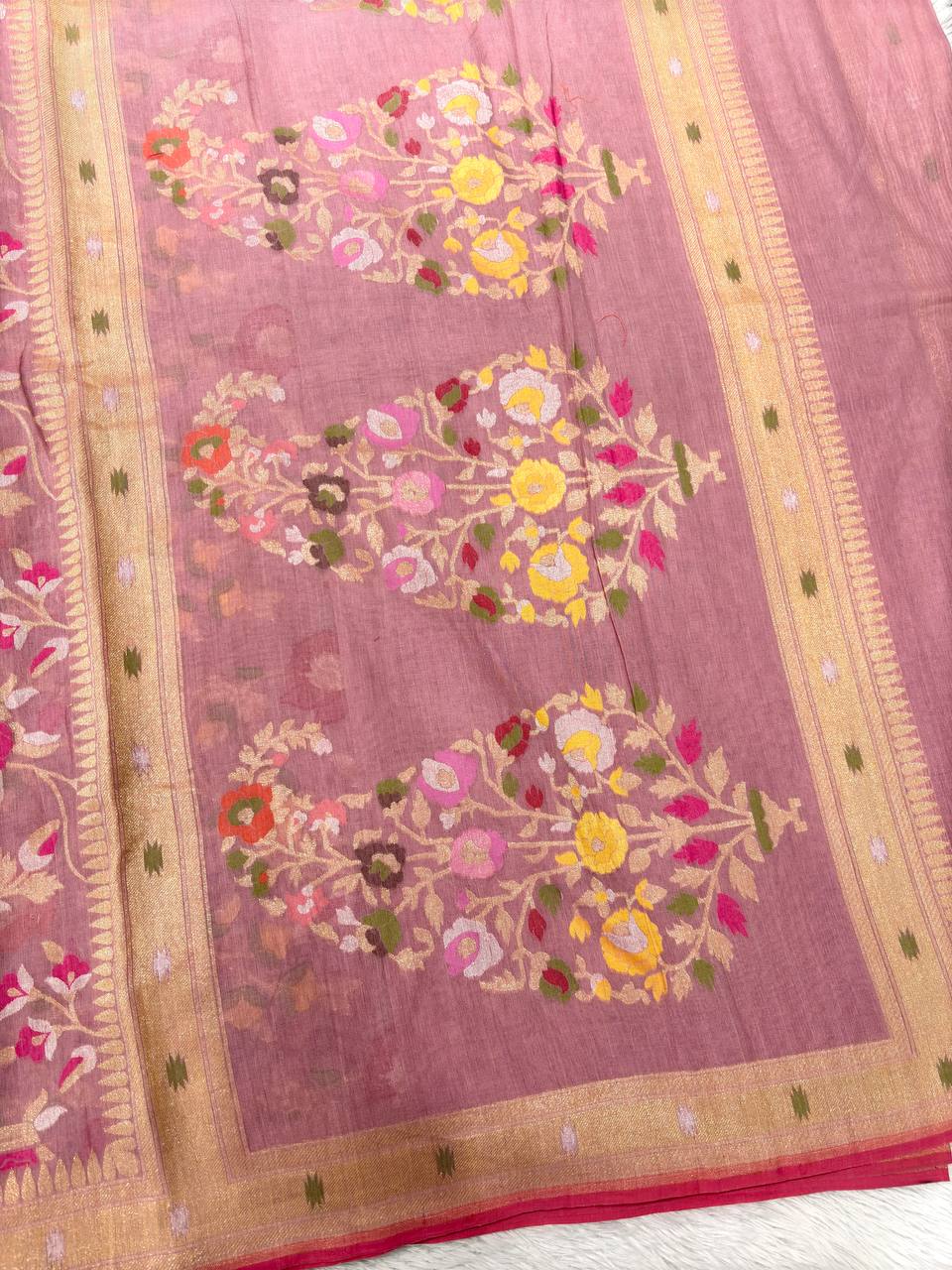 Onion Pink Linen Cotton Banarasi Jamdani Saree | All-Over Hand-Woven Floral Jangal Vines with Muted Sona Zari & Multicolored Resham Meenakari