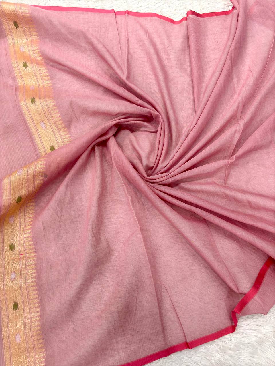 Onion Pink Linen Cotton Banarasi Jamdani Saree | All-Over Hand-Woven Floral Jangal Vines with Muted Sona Zari & Multicolored Resham Meenakari