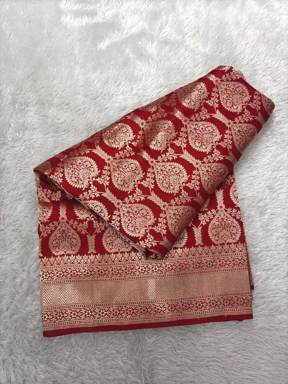 Crimson Scarlet Red Handloom Banarasi Katan Silk Jungla Saree | Luminous Silver-Gold Zari & Vibrant Multicolor Resham Meenakari Cutwork
