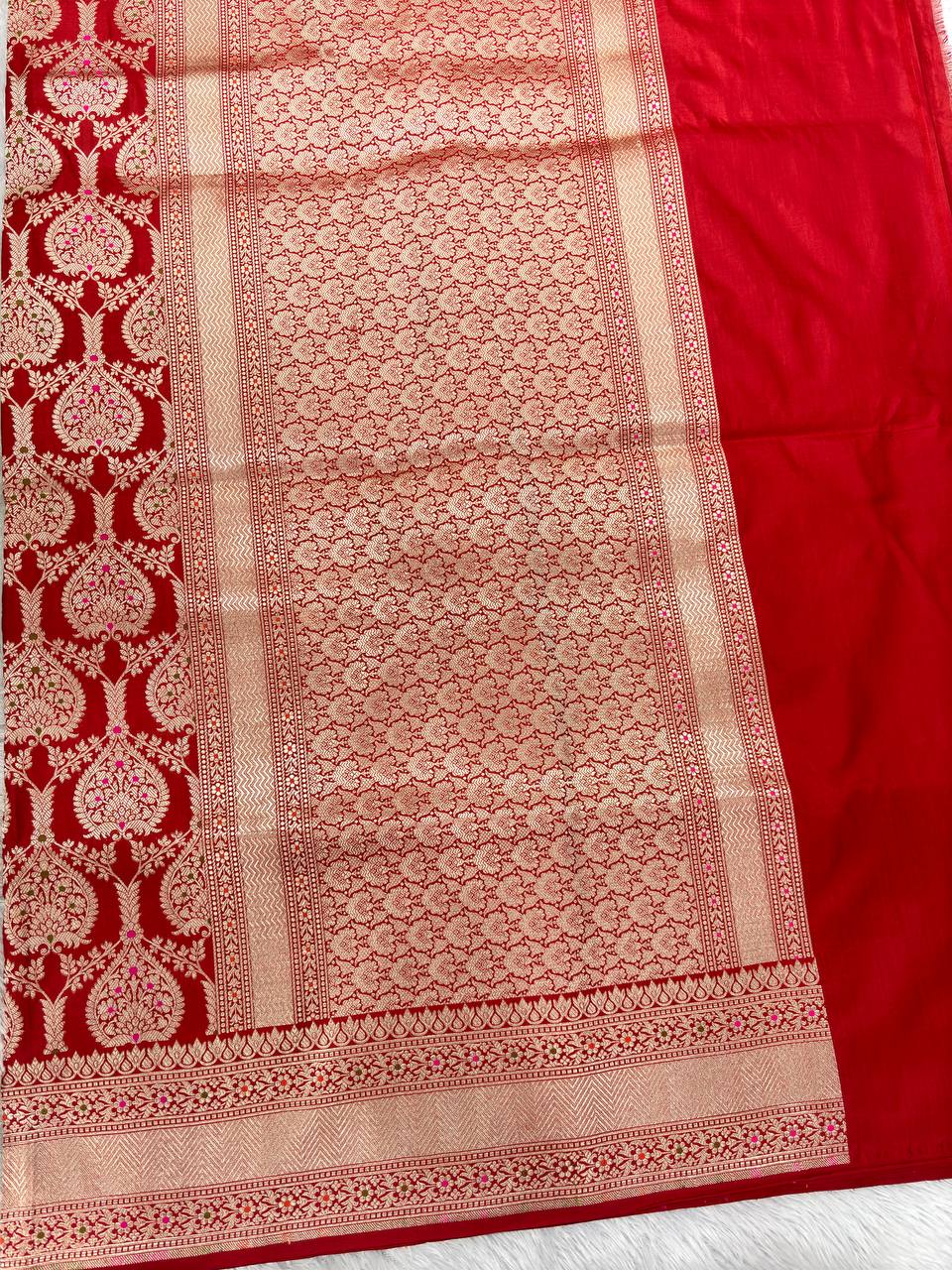 Crimson Scarlet Red Handloom Banarasi Katan Silk Jungla Saree | Luminous Silver-Gold Zari & Vibrant Multicolor Resham Meenakari Cutwork