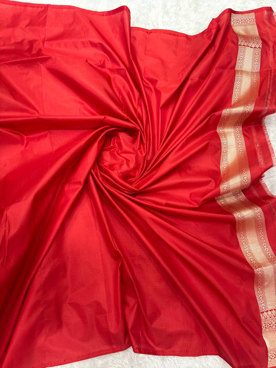 Crimson Scarlet Red Handloom Banarasi Katan Silk Jungla Saree | Luminous Silver-Gold Zari & Vibrant Multicolor Resham Meenakari Cutwork