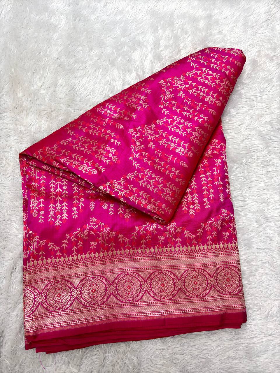 Rani Pink Handloom Banarasi Katan Silk Saree | Fine Antique Gold Zari Shikargah Floral Jaal & Delicate Red Resham Meenakari Cutwork