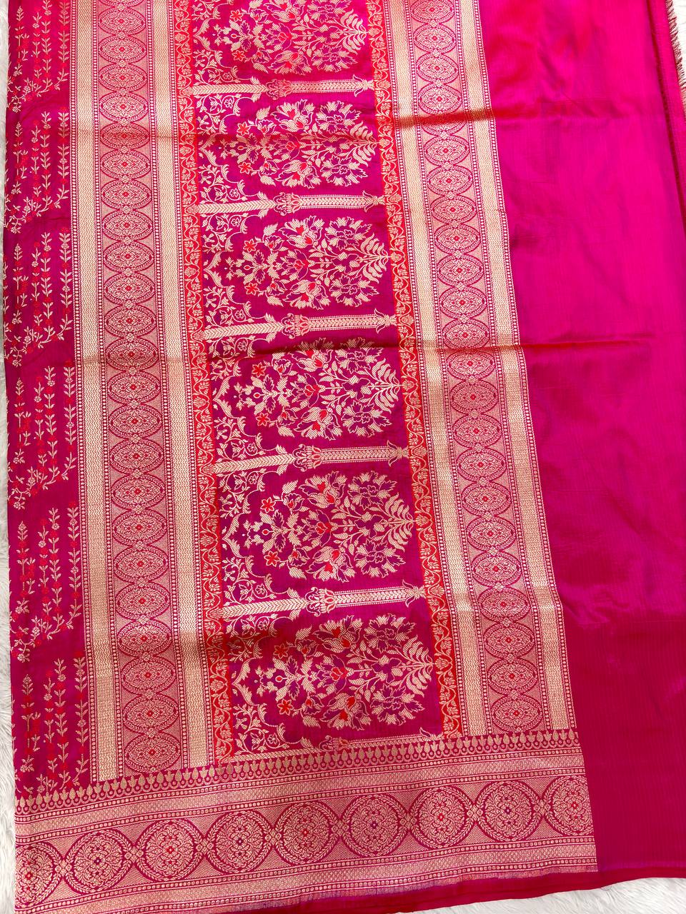 Rani Pink Handloom Banarasi Katan Silk Saree | Fine Antique Gold Zari Shikargah Floral Jaal & Delicate Red Resham Meenakari Cutwork