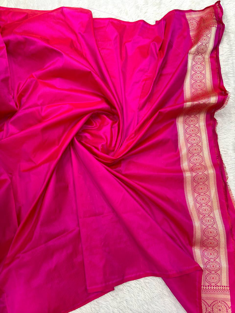 Rani Pink Handloom Banarasi Katan Silk Saree | Fine Antique Gold Zari Shikargah Floral Jaal & Delicate Red Resham Meenakari Cutwork