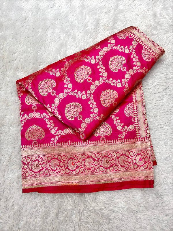 Crimson Magenta Red Handloom Banarasi Katan Silk Jungla Saree | Luminous Gold Zari & Delicate Pastel Resham Meenakari Cutwork