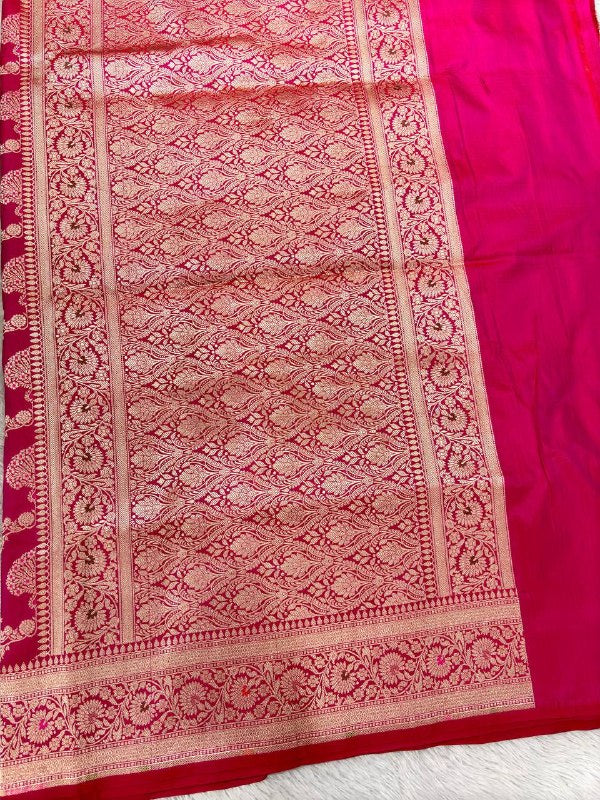 Crimson Magenta Red Handloom Banarasi Katan Silk Jungla Saree | Luminous Gold Zari & Delicate Pastel Resham Meenakari Cutwork