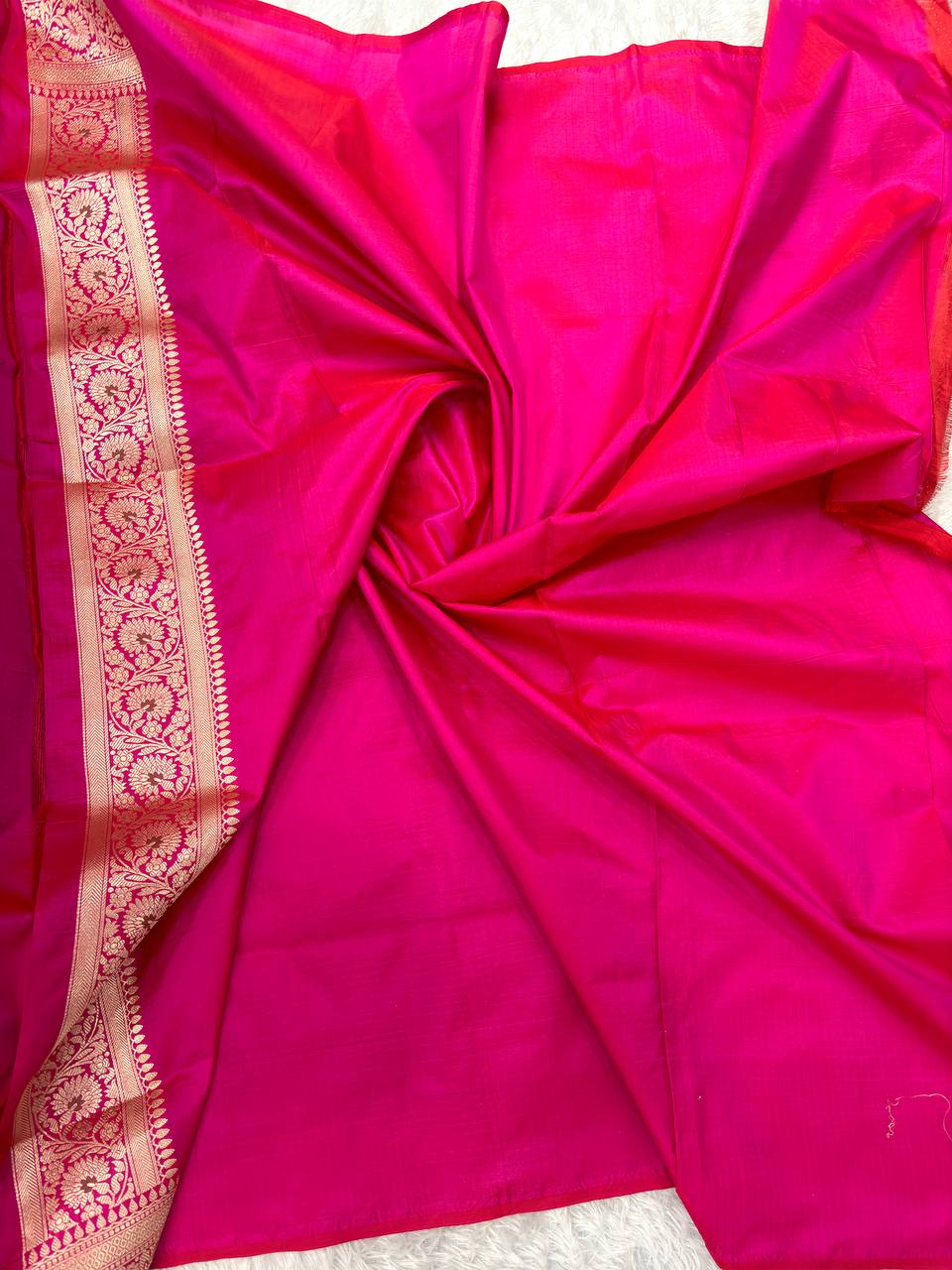Crimson Magenta Red Handloom Banarasi Katan Silk Jungla Saree | Luminous Gold Zari & Delicate Pastel Resham Meenakari Cutwork