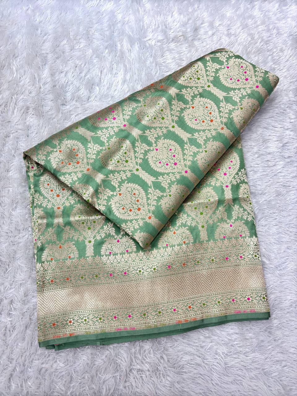 Seafoam Sage Green Handloom Banarasi Katan Silk Jungla Saree | Luminous Silver-Gold Zari & Vibrant Multicolor Resham Meenakari Cutwork