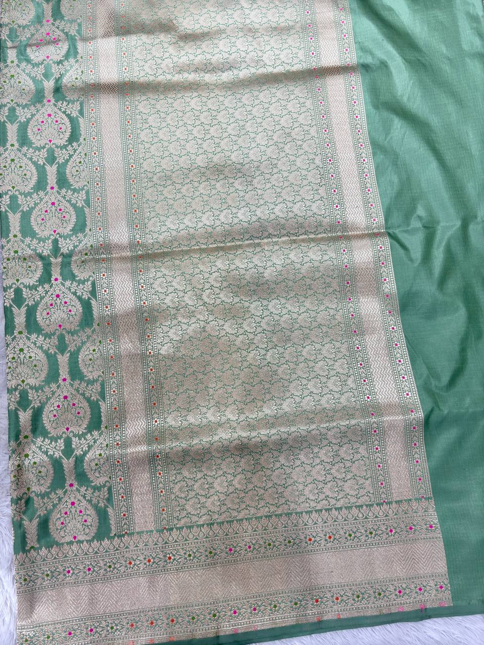 Seafoam Sage Green Handloom Banarasi Katan Silk Jungla Saree | Luminous Silver-Gold Zari & Vibrant Multicolor Resham Meenakari Cutwork