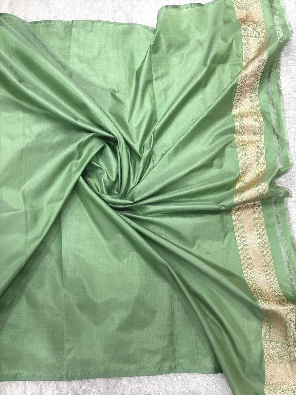 Seafoam Sage Green Handloom Banarasi Katan Silk Jungla Saree | Luminous Silver-Gold Zari & Vibrant Multicolor Resham Meenakari Cutwork