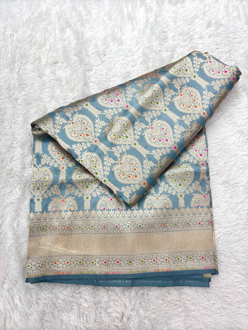 Slate Steel Blue Handloom Banarasi Katan Silk Jungla Saree | Luminous Silver-Gold Zari & Vibrant Multicolor Resham Meenakari Cutwork