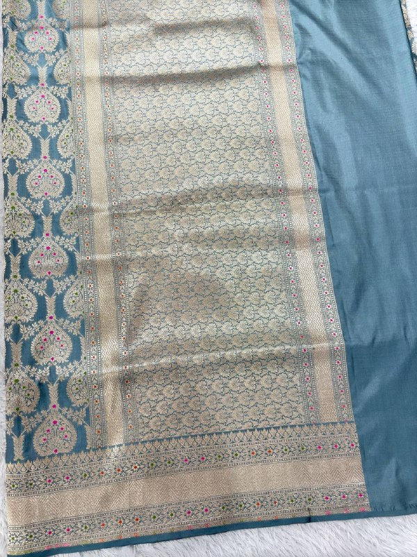 Slate Steel Blue Handloom Banarasi Katan Silk Jungla Saree | Luminous Silver-Gold Zari & Vibrant Multicolor Resham Meenakari Cutwork
