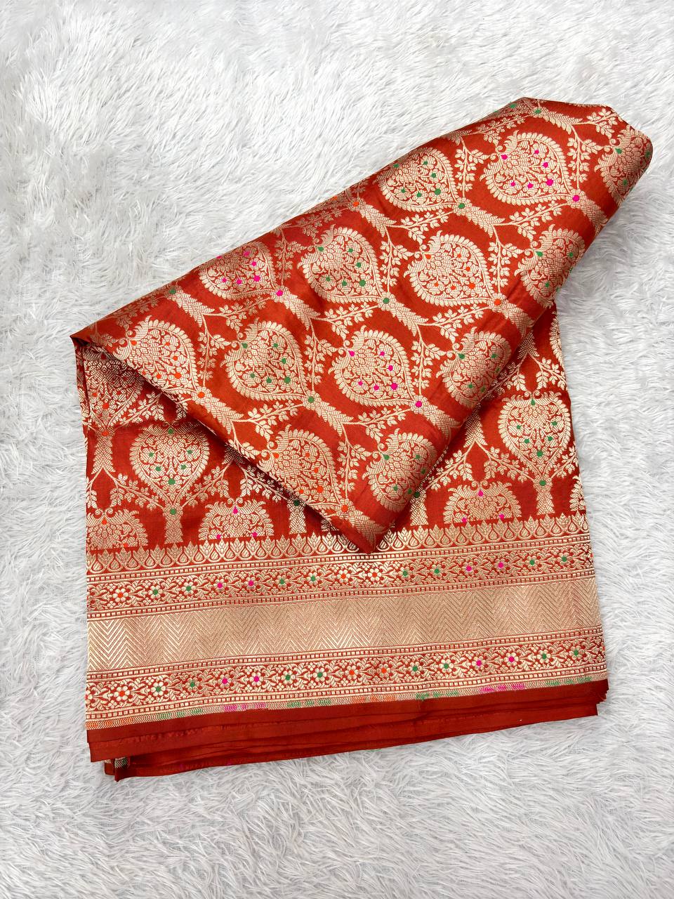 Rust Terracotta Red Handloom Banarasi Katan Silk Jungla Saree | Luminous Silver-Gold Zari & Vibrant Multicolor Resham Meenakari Cutwork