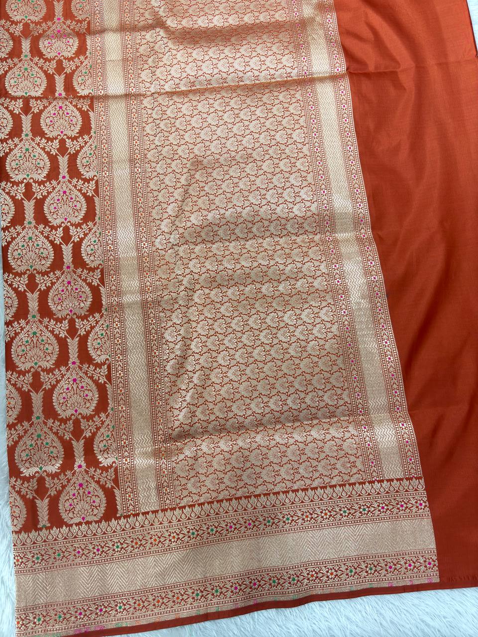 Rust Terracotta Red Handloom Banarasi Katan Silk Jungla Saree | Luminous Silver-Gold Zari & Vibrant Multicolor Resham Meenakari Cutwork