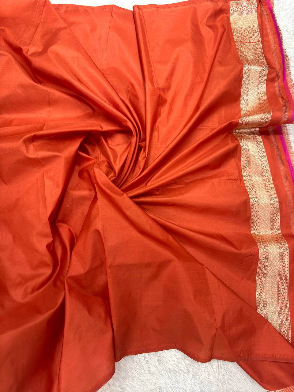 Rust Terracotta Red Handloom Banarasi Katan Silk Jungla Saree | Luminous Silver-Gold Zari & Vibrant Multicolor Resham Meenakari Cutwork