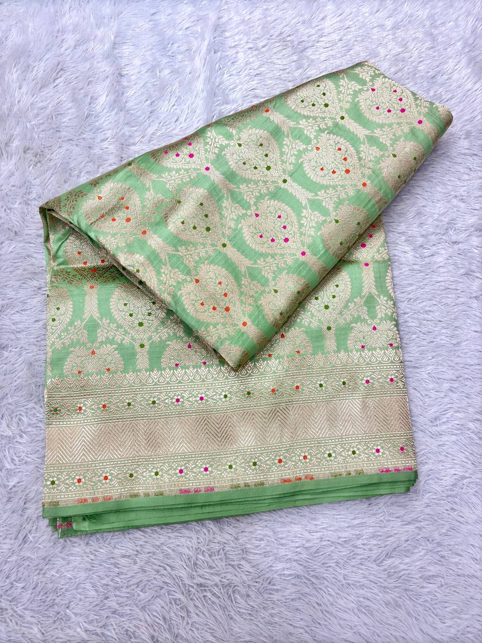 Pistachio Mint Green Handloom Banarasi Katan Silk Jungla Saree | Champagne Silver-Gold Zari & Vibrant Multicolor Resham Meenakari Cutwork