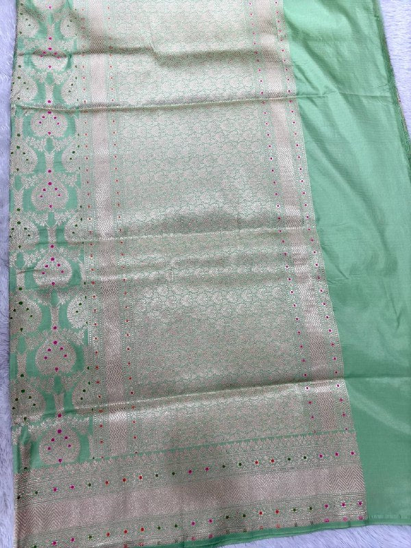Pistachio Mint Green Handloom Banarasi Katan Silk Jungla Saree | Champagne Silver-Gold Zari & Vibrant Multicolor Resham Meenakari Cutwork