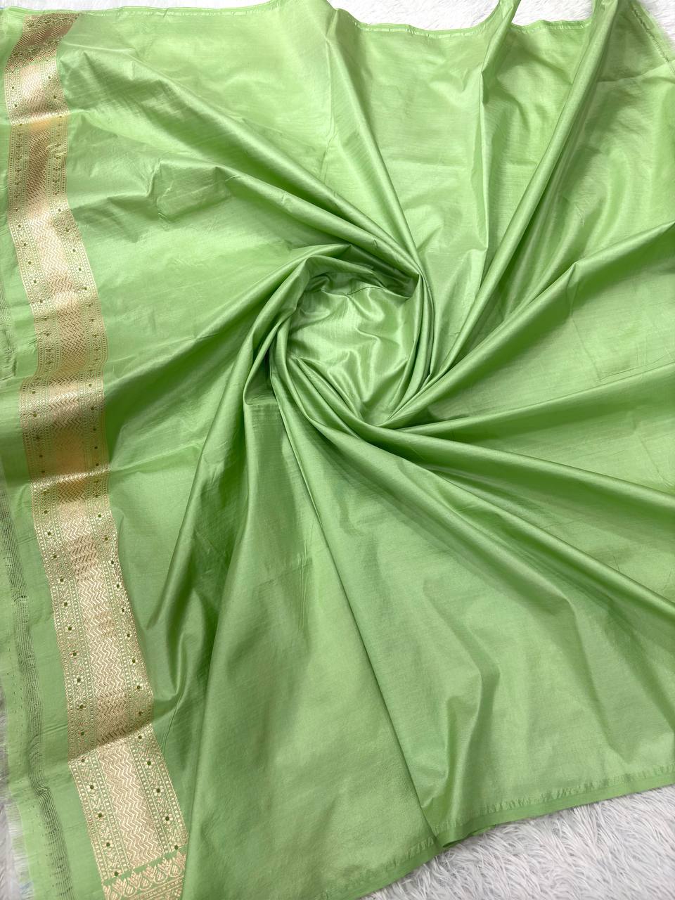 Pistachio Mint Green Handloom Banarasi Katan Silk Jungla Saree | Champagne Silver-Gold Zari & Vibrant Multicolor Resham Meenakari Cutwork