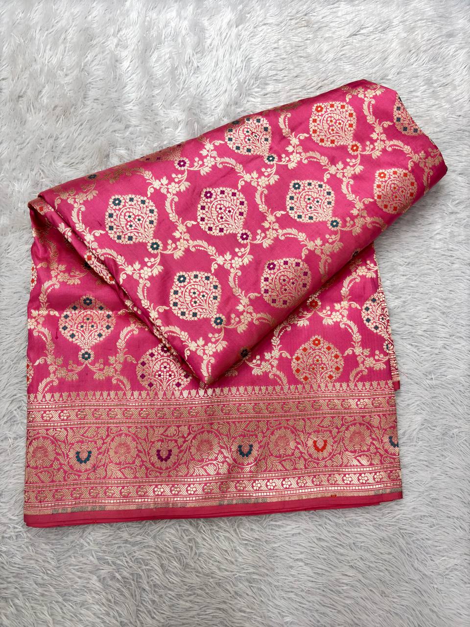 Onion Pink Handloom Banarasi Katan Silk Jungla Saree | Luminous Gold Zari & Intricate Dark Teal-Crimson Resham Meenakari Cutwork