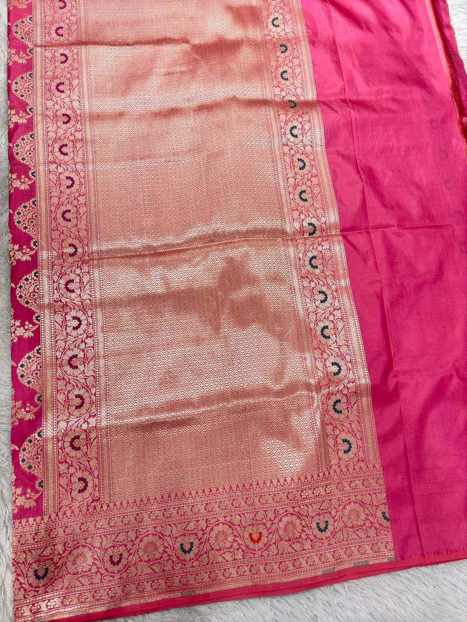 Onion Pink Handloom Banarasi Katan Silk Jungla Saree | Luminous Gold Zari & Intricate Dark Teal-Crimson Resham Meenakari Cutwork