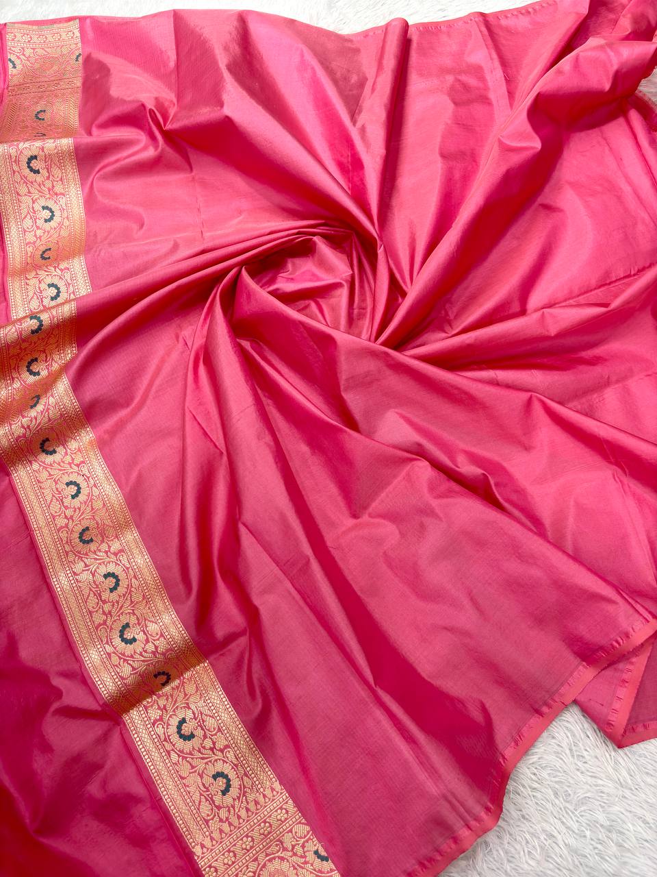 Onion Pink Handloom Banarasi Katan Silk Jungla Saree | Luminous Gold Zari & Intricate Dark Teal-Crimson Resham Meenakari Cutwork