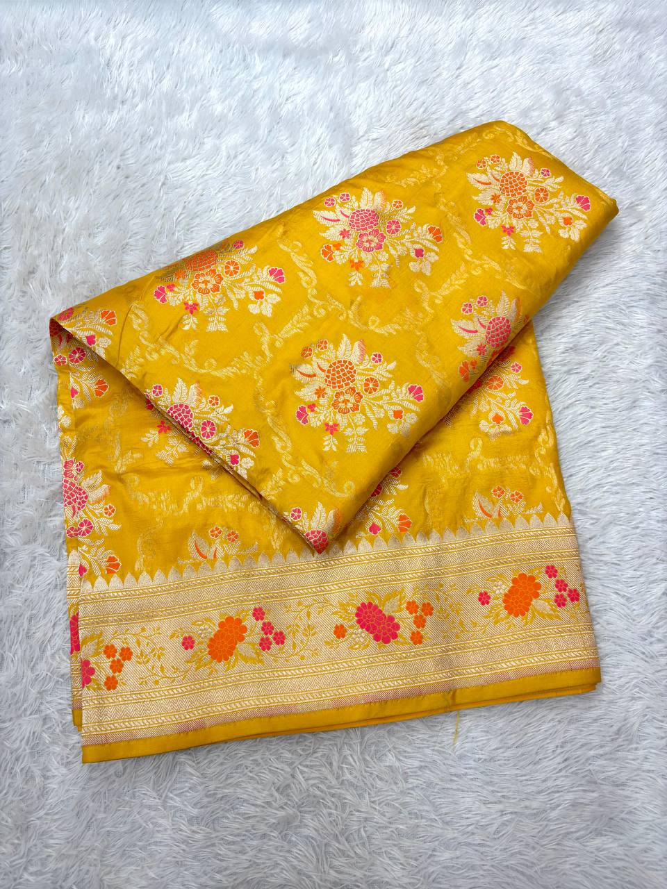 Mustard Haldi Yellow Handloom Banarasi Katan Silk Jungla Saree | Luminous Gold Zari & Vibrant Pink-Orange Resham Meenakari Cutwork