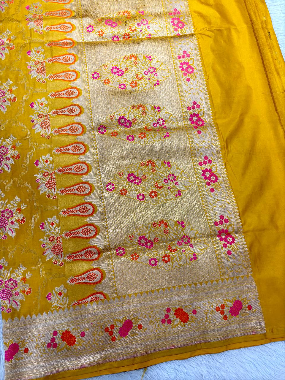 Mustard Haldi Yellow Handloom Banarasi Katan Silk Jungla Saree | Luminous Gold Zari & Vibrant Pink-Orange Resham Meenakari Cutwork
