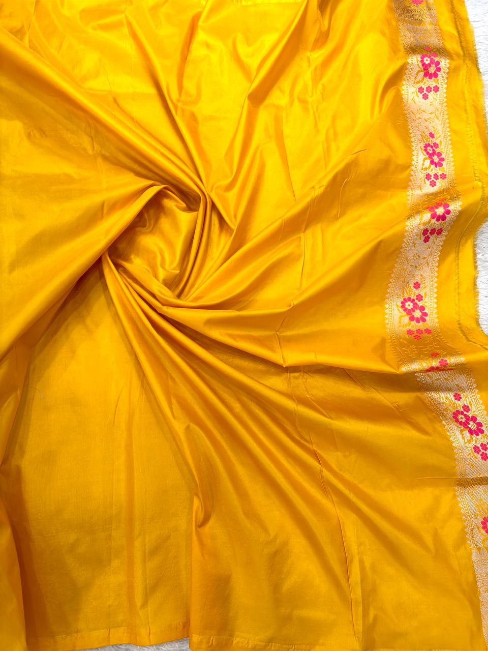 Mustard Haldi Yellow Handloom Banarasi Katan Silk Jungla Saree | Luminous Gold Zari & Vibrant Pink-Orange Resham Meenakari Cutwork