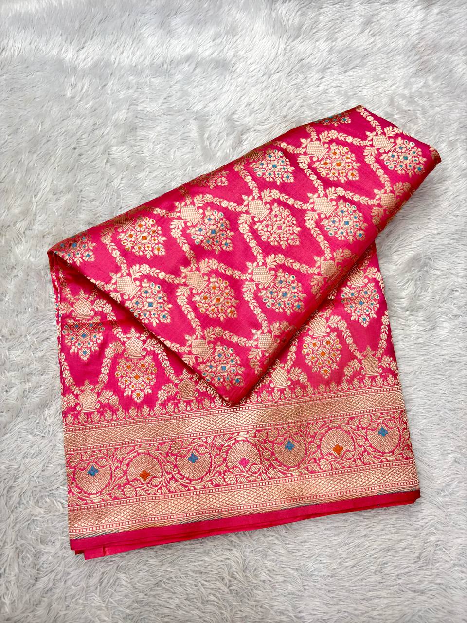 Rani Magenta Pink Handloom Banarasi Katan Silk Jungla Saree | Luminous Gold Zari & Vibrant Multicolor Resham Meenakari Cutwork