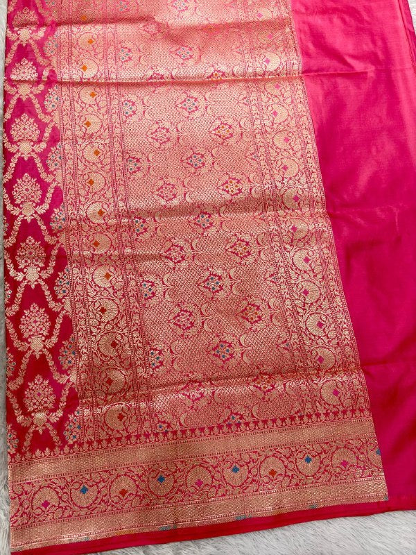 Rani Magenta Pink Handloom Banarasi Katan Silk Jungla Saree | Luminous Gold Zari & Vibrant Multicolor Resham Meenakari Cutwork