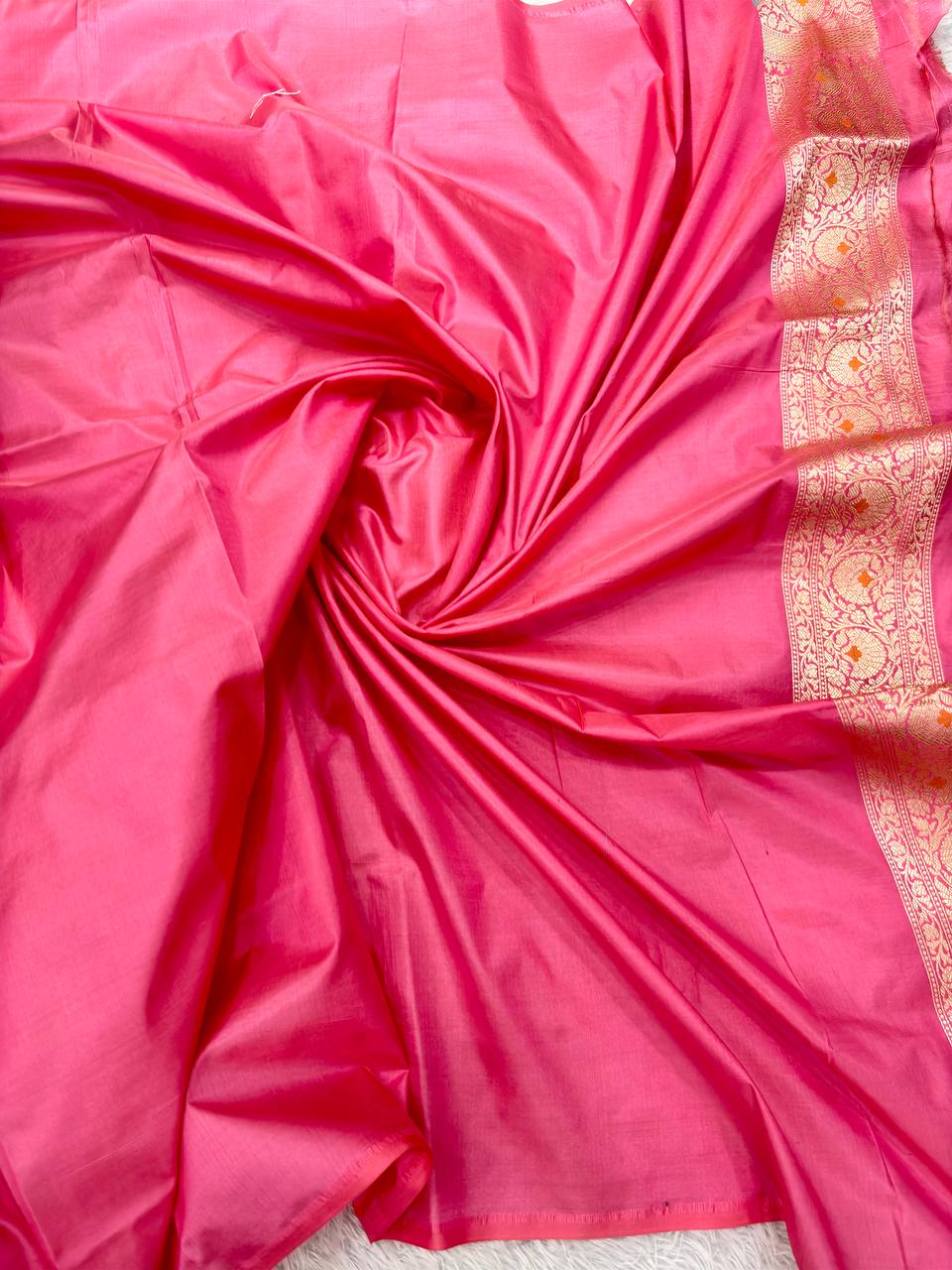 Rani Magenta Pink Handloom Banarasi Katan Silk Jungla Saree | Luminous Gold Zari & Vibrant Multicolor Resham Meenakari Cutwork