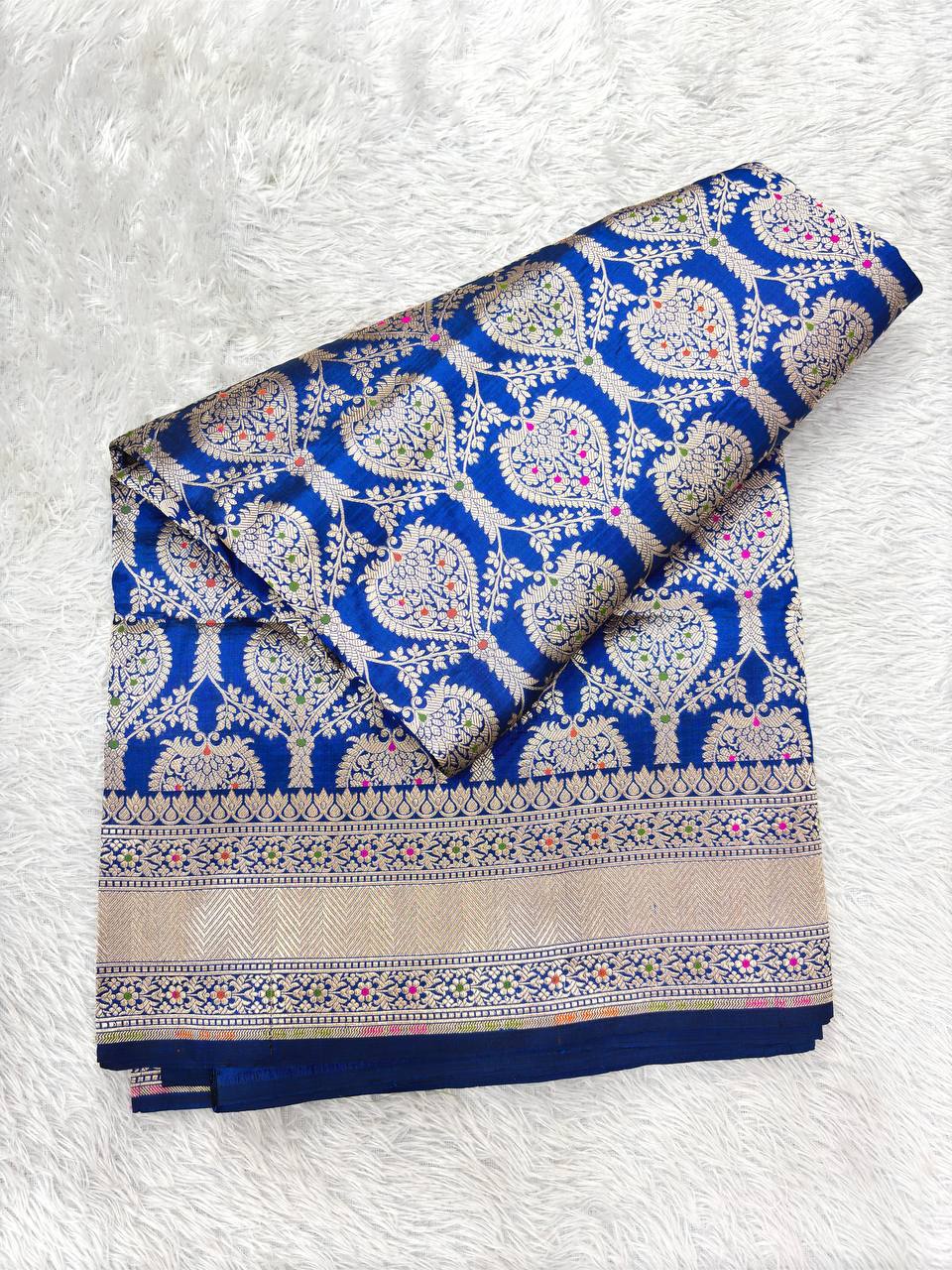 Royal Sapphire Blue Handloom Banarasi Katan Silk Jungla Saree | Luminous Silver-Gold Zari & Multicolored Resham Meenakari Cutwork