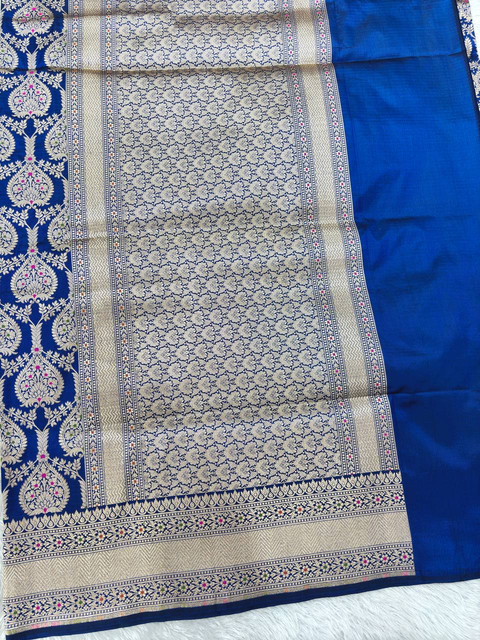 Royal Sapphire Blue Handloom Banarasi Katan Silk Jungla Saree | Luminous Silver-Gold Zari & Multicolored Resham Meenakari Cutwork