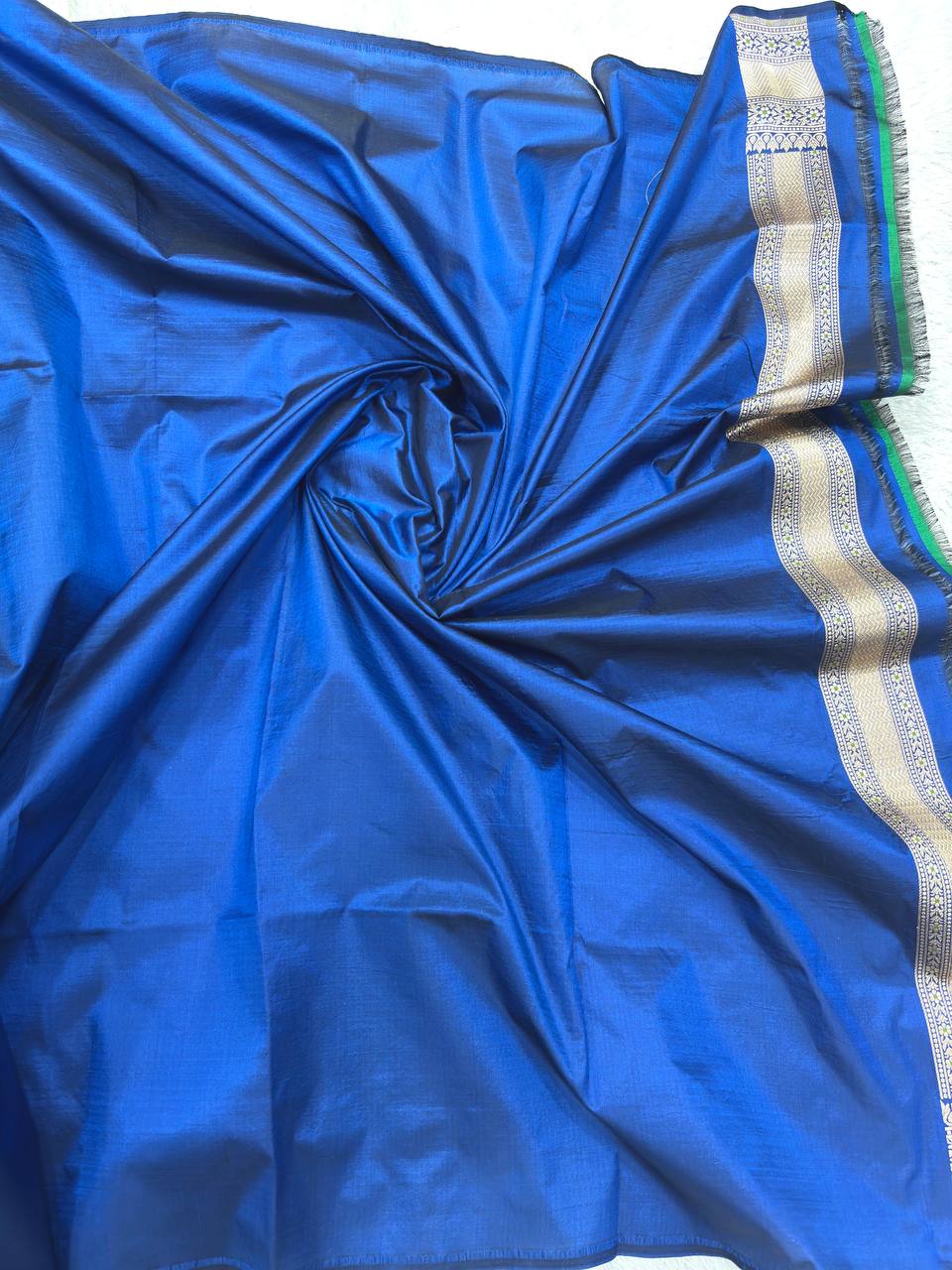 Royal Sapphire Blue Handloom Banarasi Katan Silk Jungla Saree | Luminous Silver-Gold Zari & Multicolored Resham Meenakari Cutwork