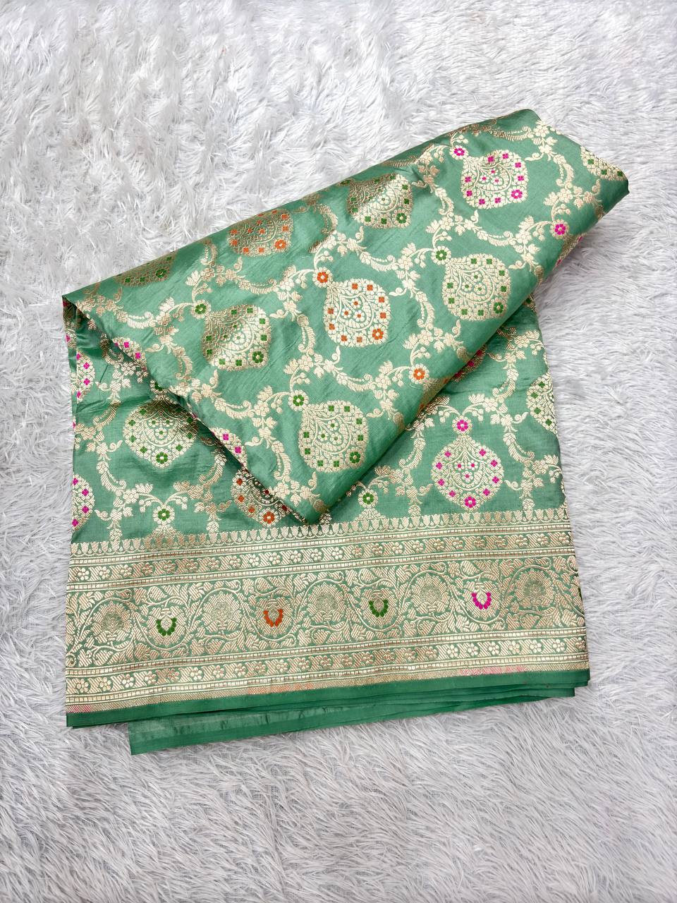 Sage Olive Green Handloom Banarasi Katan Silk Jungla Saree | Champagne Gold Zari & Vibrant Crimson-Orange Resham Meenakari Cutwork