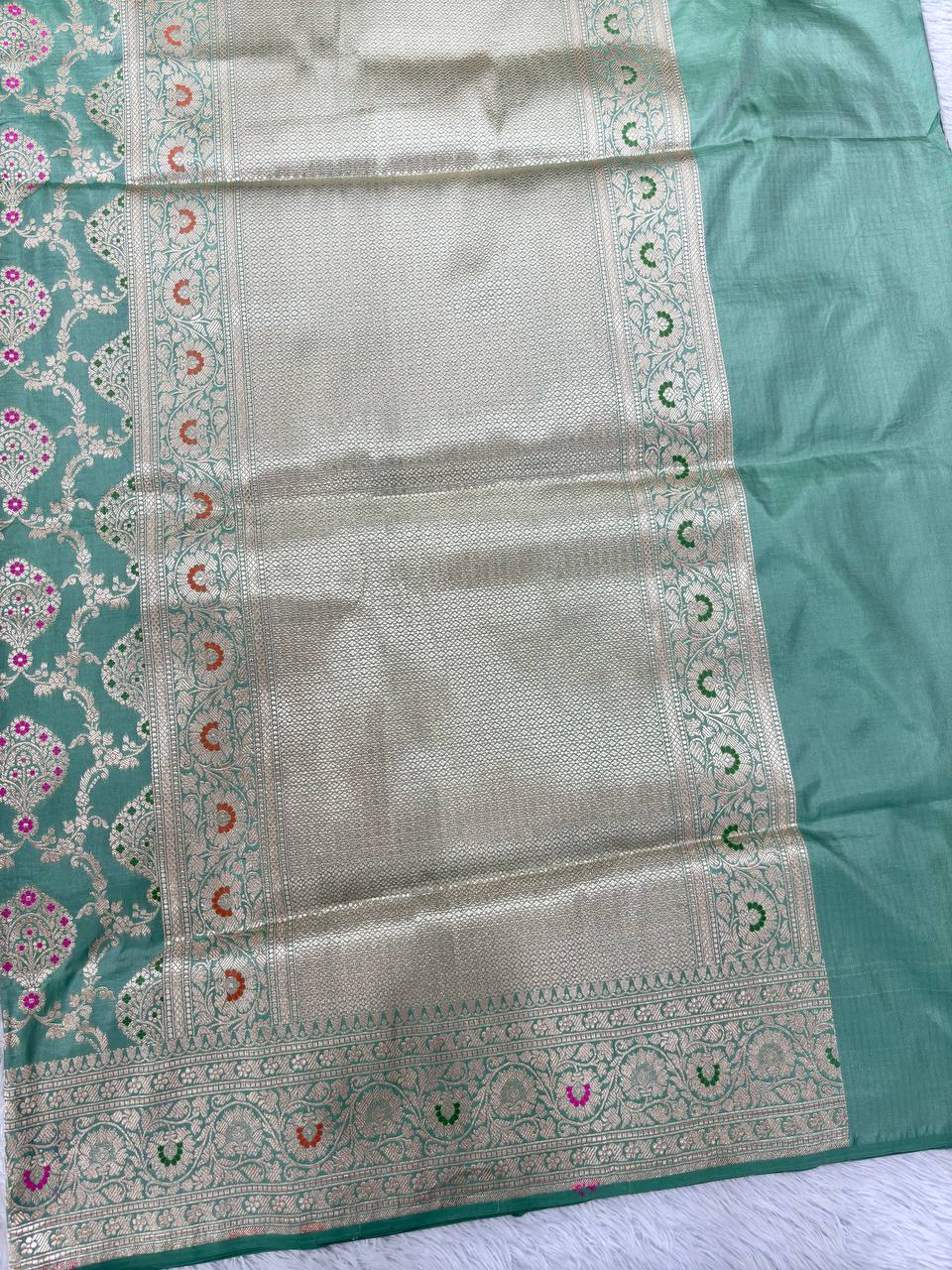 Sage Olive Green Handloom Banarasi Katan Silk Jungla Saree | Champagne Gold Zari & Vibrant Crimson-Orange Resham Meenakari Cutwork