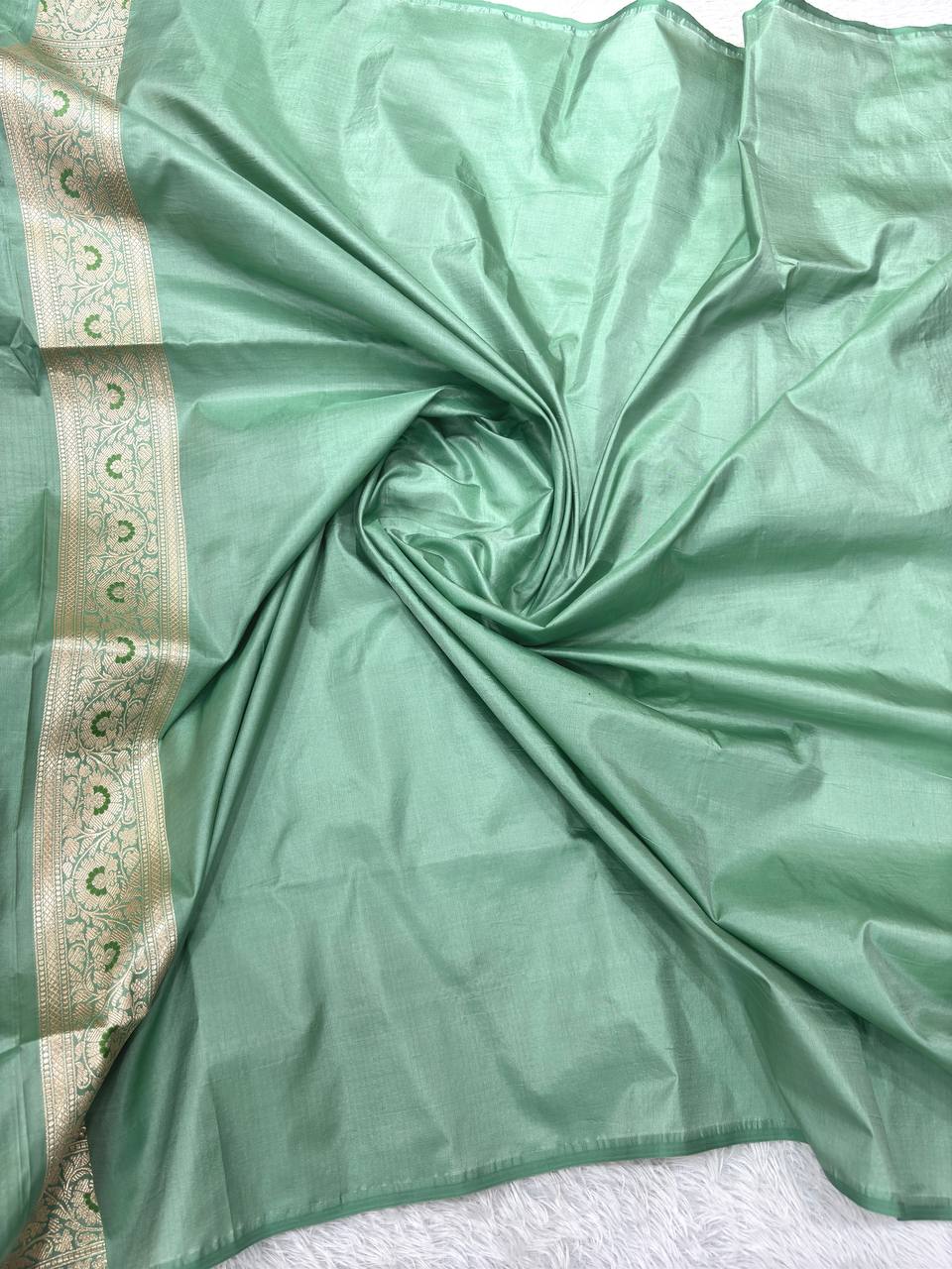 Sage Olive Green Handloom Banarasi Katan Silk Jungla Saree | Champagne Gold Zari & Vibrant Crimson-Orange Resham Meenakari Cutwork