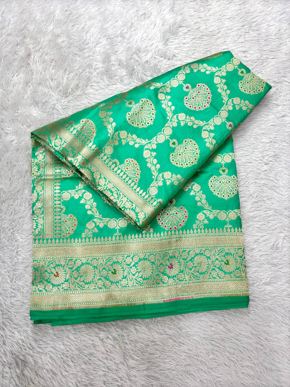 Mint Seafoam Green Handloom Banarasi Katan Silk Jungla Saree | Luminous Gold Zari & Delicate Pastel Resham Meenakari Cutwork