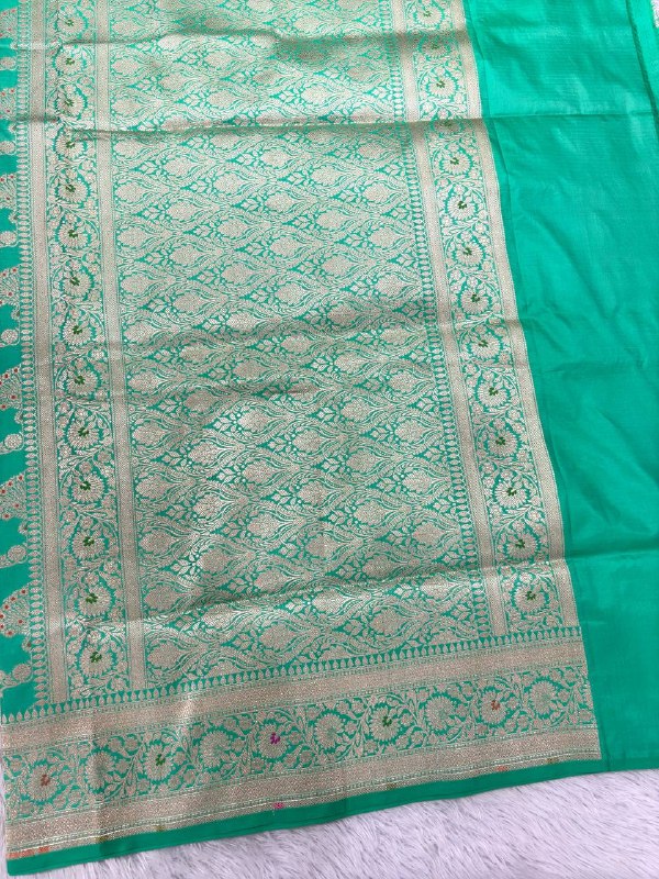 Mint Seafoam Green Handloom Banarasi Katan Silk Jungla Saree | Luminous Gold Zari & Delicate Pastel Resham Meenakari Cutwork