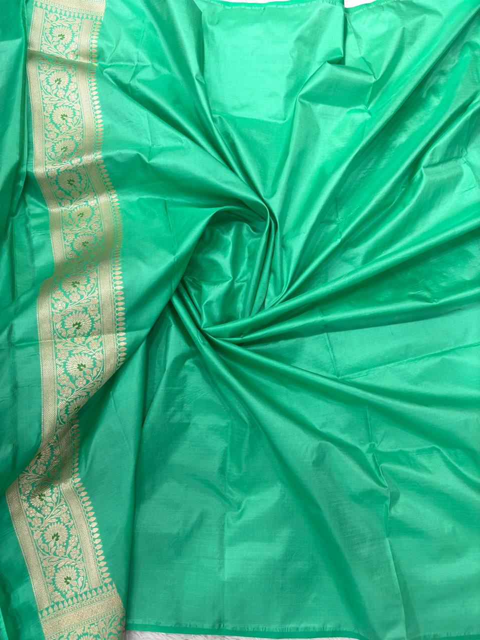 Mint Seafoam Green Handloom Banarasi Katan Silk Jungla Saree | Luminous Gold Zari & Delicate Pastel Resham Meenakari Cutwork
