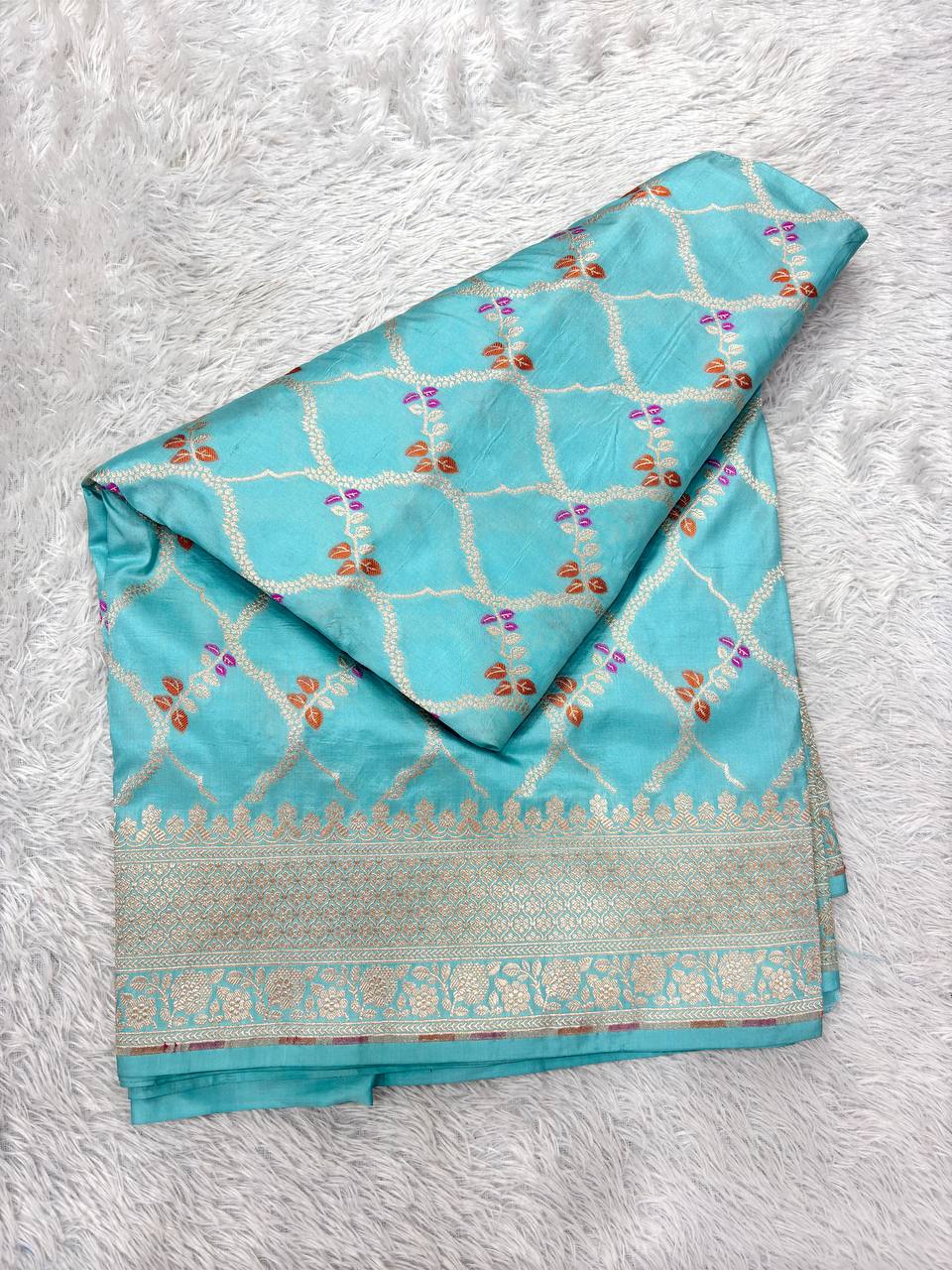Powder Sky Blue Handloom Banarasi Katan Silk Saree | Silver Gold Zari Geometric Lattice & Rust Orchid Resham Meenakari Cutwork