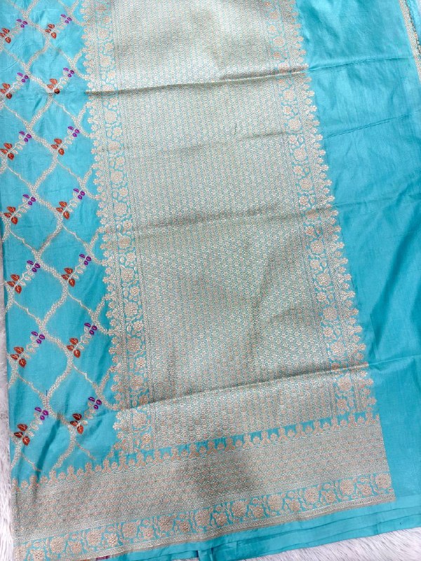 Powder Sky Blue Handloom Banarasi Katan Silk Saree | Silver Gold Zari Geometric Lattice & Rust Orchid Resham Meenakari Cutwork
