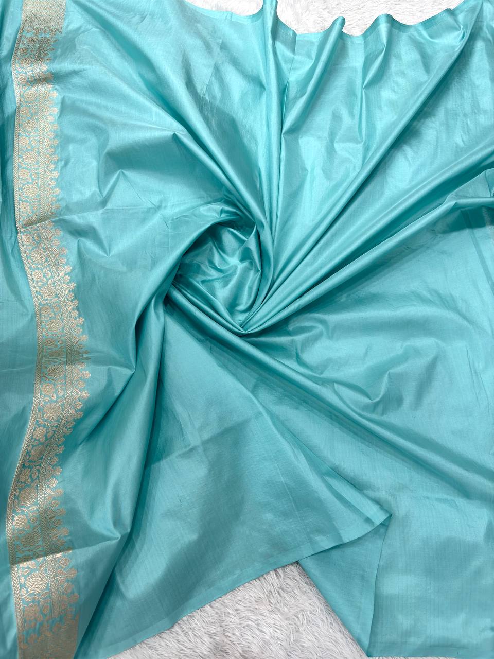 Powder Sky Blue Handloom Banarasi Katan Silk Saree | Silver Gold Zari Geometric Lattice & Rust Orchid Resham Meenakari Cutwork