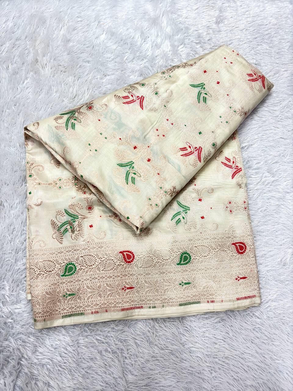 Heirloom Cream Ivory Katan Silk Banarasi Saree | Delicate All-Over Jungal Floral Vines with Fine Silver Zari & Contrasting Crimson & Emerald Meenakari