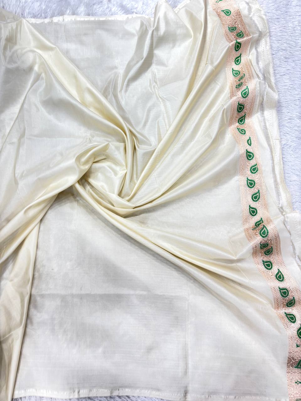 Heirloom Cream Ivory Katan Silk Banarasi Saree | Delicate All-Over Jungal Floral Vines with Fine Silver Zari & Contrasting Crimson & Emerald Meenakari