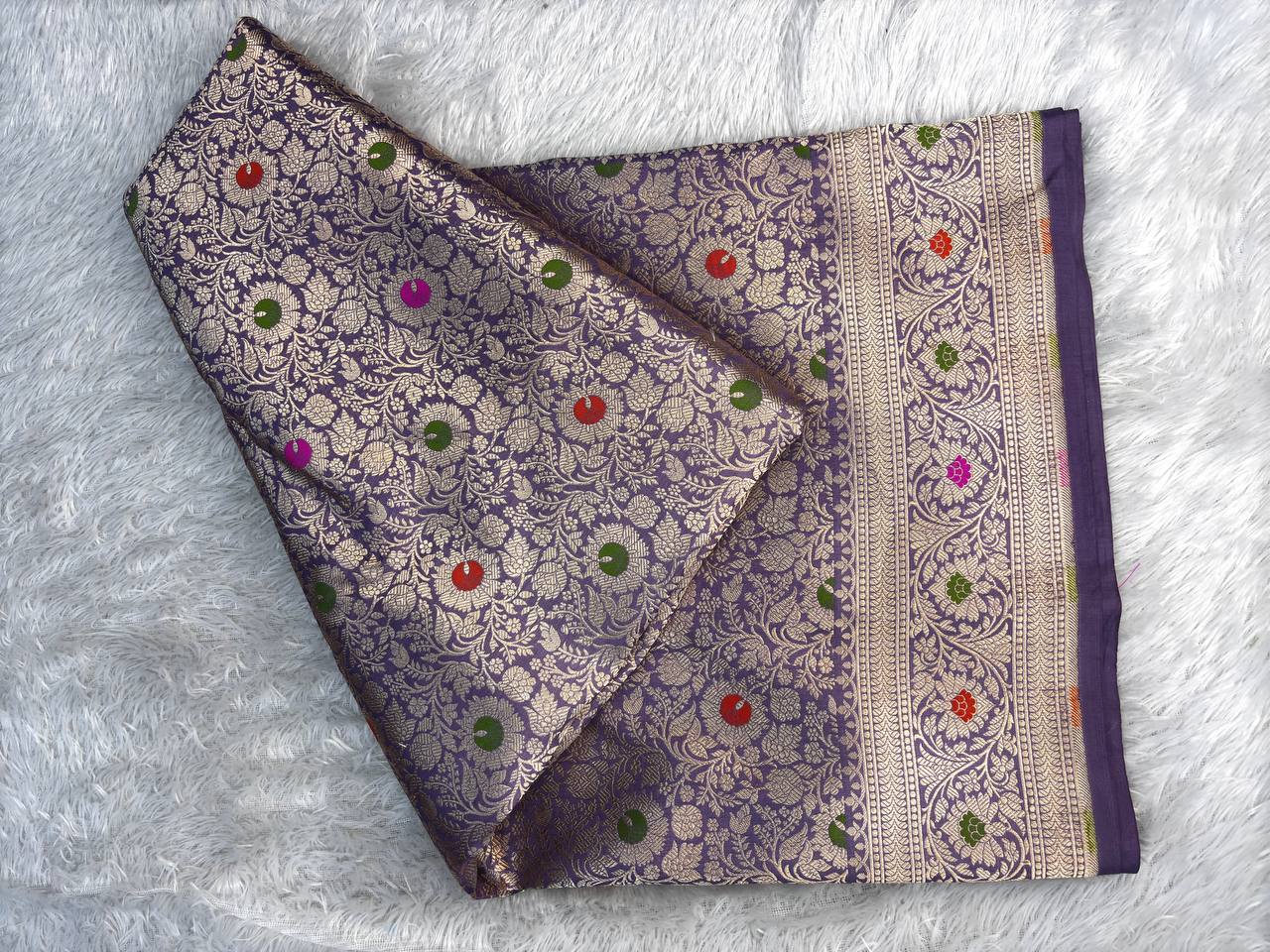 Royal Lavender Pure Katan Silk Banarasi Saree with Silver-Gold Jungla Jhaal & Multi-Color Meenakari