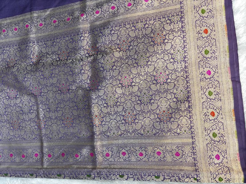 Royal Lavender Pure Katan Silk Banarasi Saree with Silver-Gold Jungla Jhaal & Multi-Color Meenakari