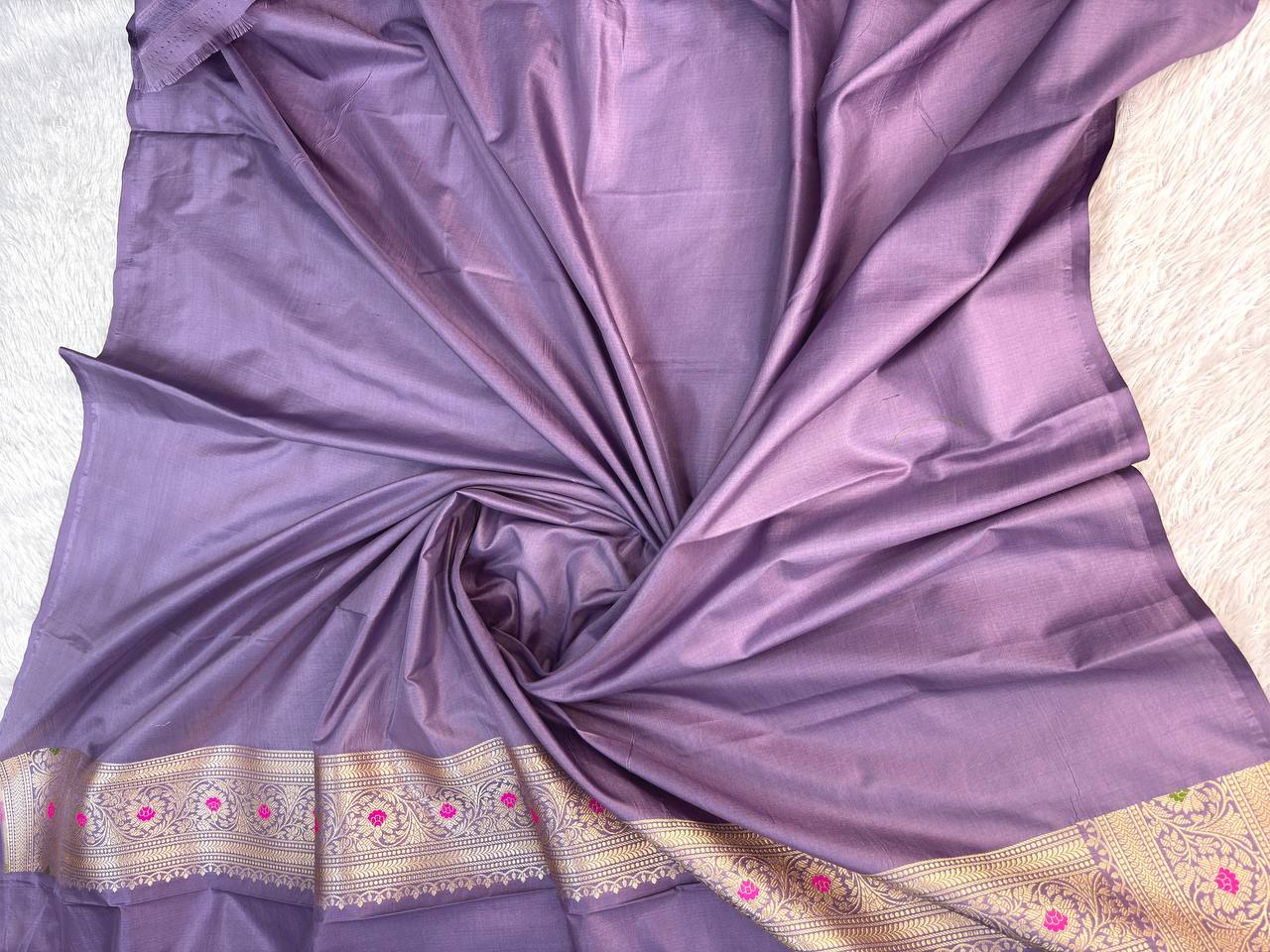Royal Lavender Pure Katan Silk Banarasi Saree with Silver-Gold Jungla Jhaal & Multi-Color Meenakari