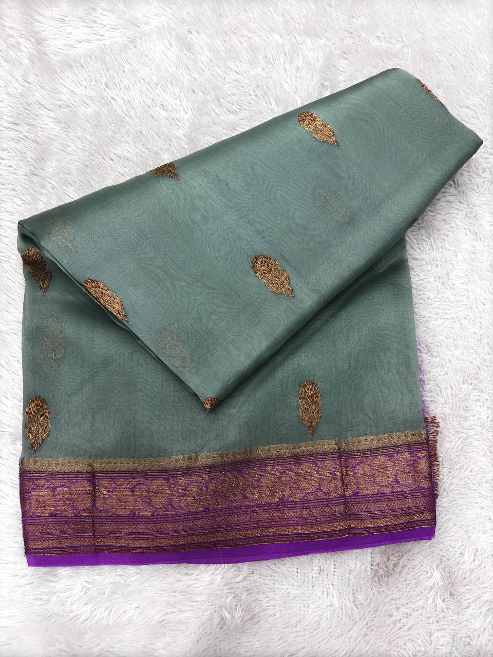 Olive Sage Green & Jamuni Purple Handloom Banarasi Kora Silk Saree | Antique Zari Kadhua Feather Booti
